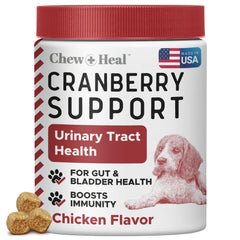 Chew + Heal Labs UTI cranberry soft chews packaging showcases USA-made urinary support.