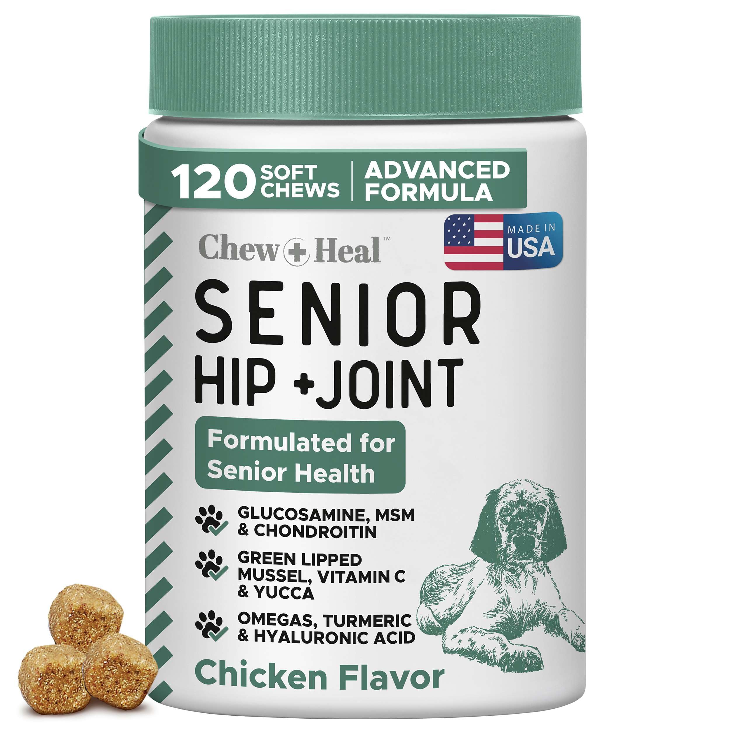 Chew + Heal Labs glucosamine dog soft chews bottle closeup for joint support.
