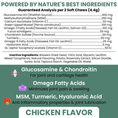 Chew + Heal Labs glucosamine dog soft chews packaging highlights USA-made quality.