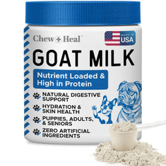Chew + Heal Labs goat milk powder jar front; easy on the stomach for dogs.