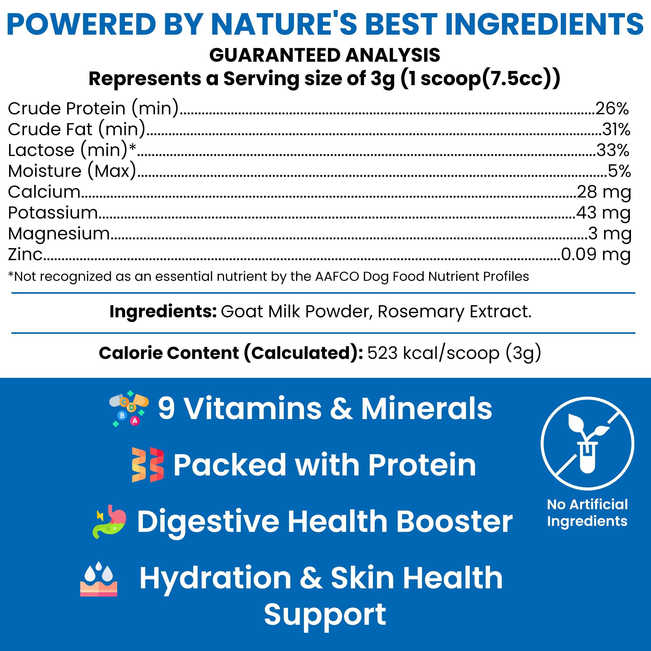 Chew + Heal Labs goat milk powder scoop; convenient daily servings for dogs.