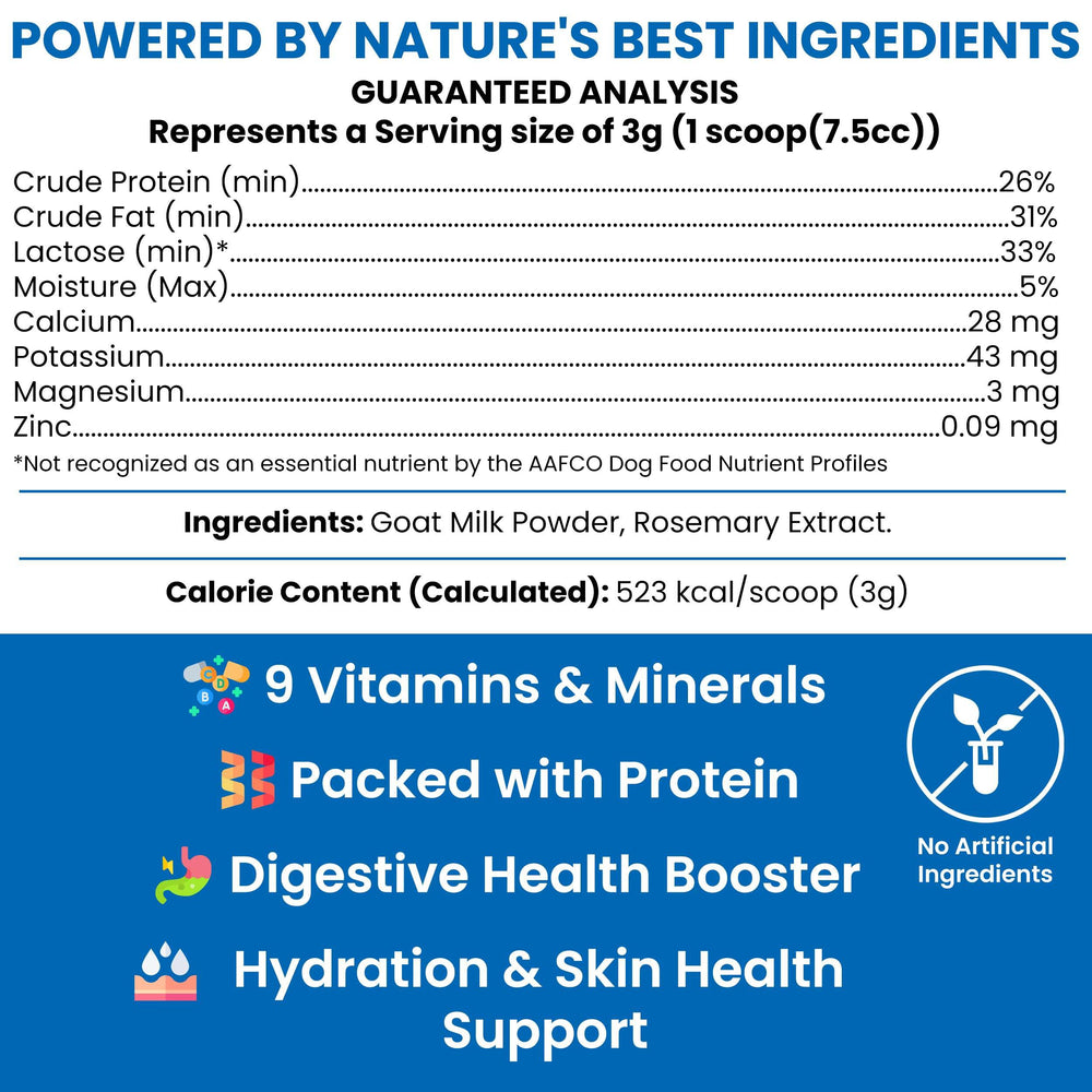 Chew + Heal Labs goat milk powder scoop; convenient daily servings for dogs.