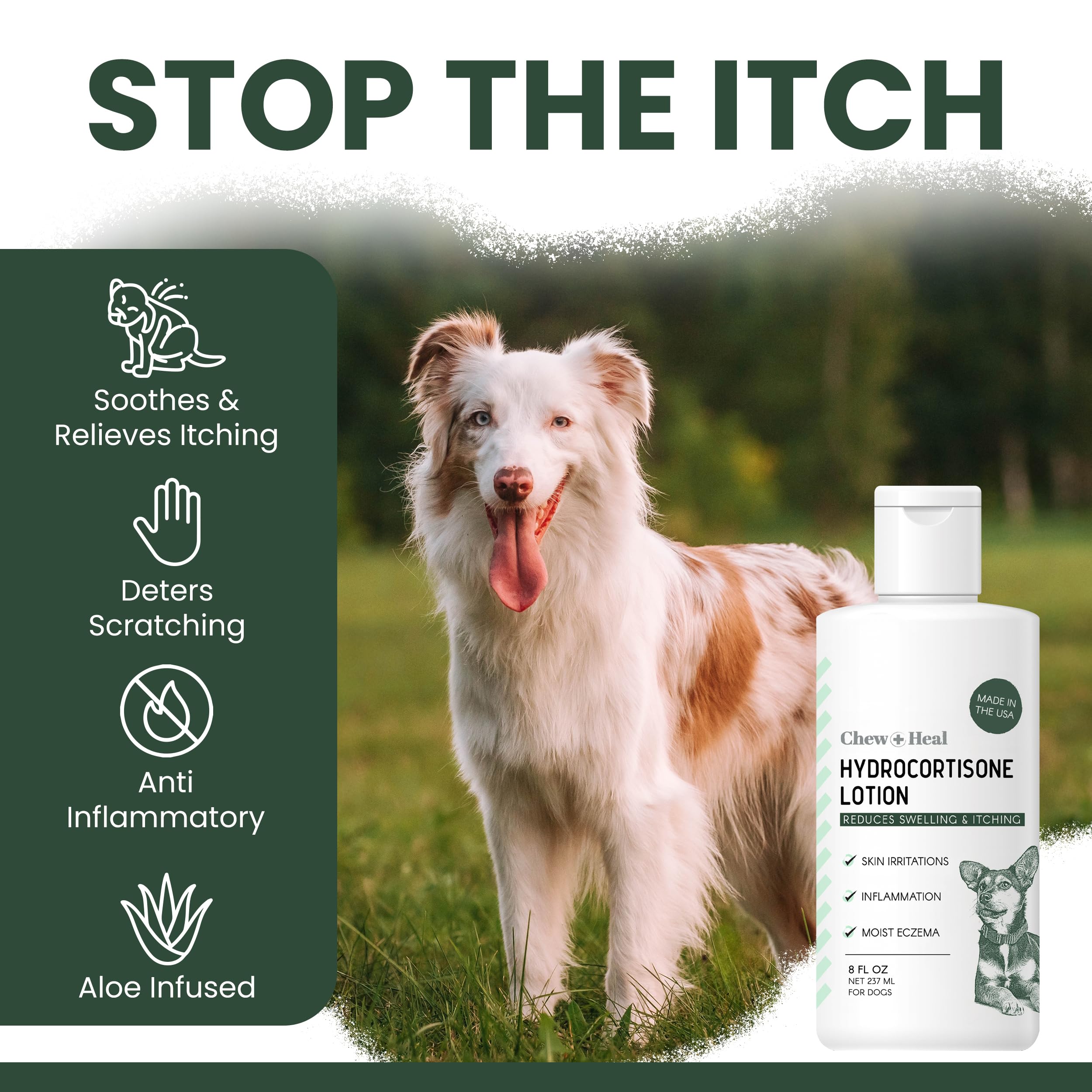 Close-up of Chew + Heal Labs lotion on irritated dog skin.