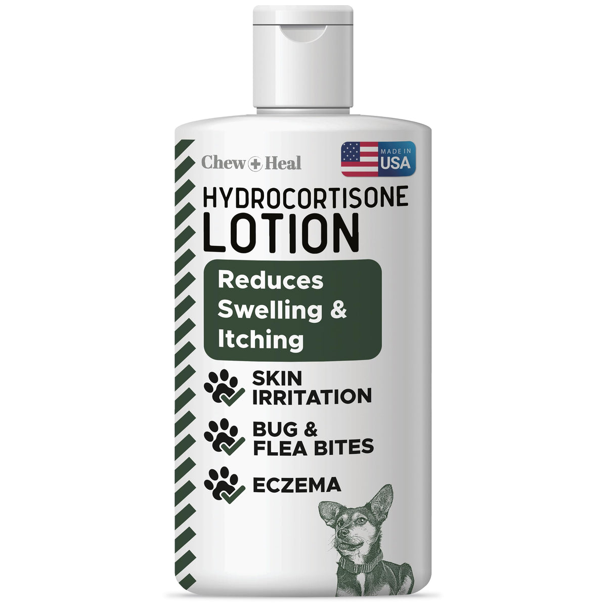 Chew + Heal Labs hydrocortisone lotion bottle soothes itchy dog skin.