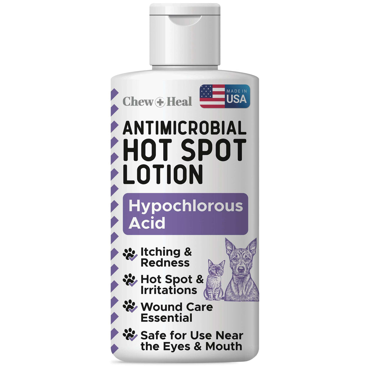 Chew + Heal Labs hypochlorous lotion bottle for dog wound care and gentle cleansing.