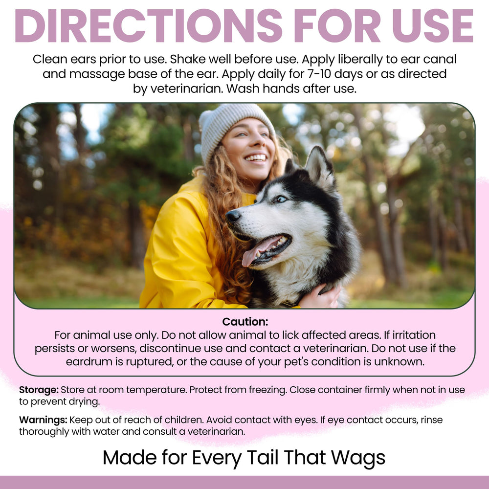 Chew + Heal Labs ear cleaner label references key antiseptic ingredients.