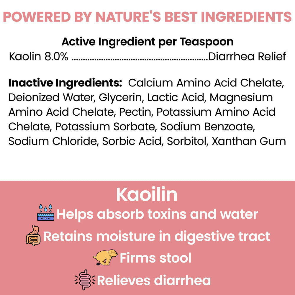 Kaolin absorption action in Chew + Heal Labs liquid for dogs.