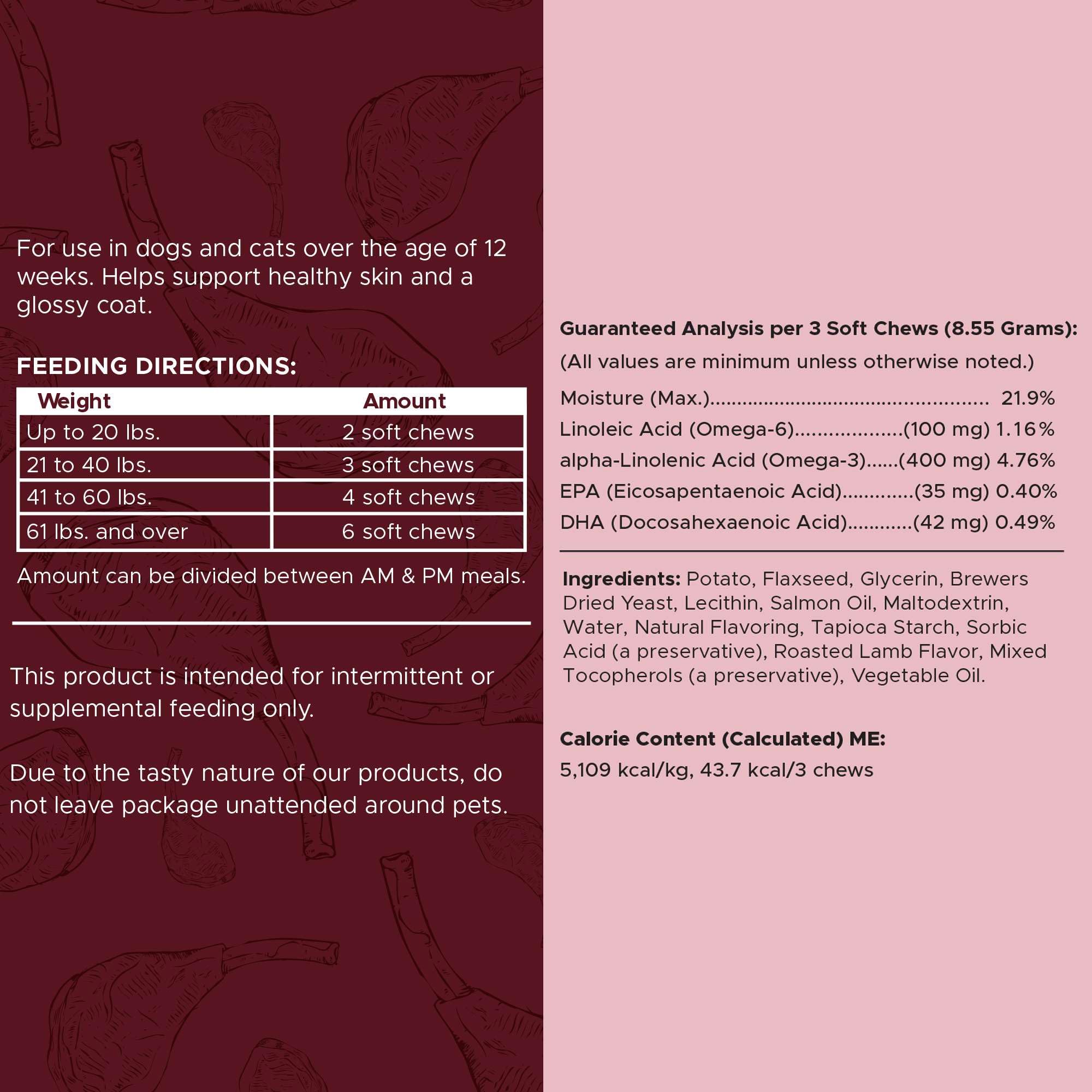 Chew + Heal Labs lamb-flavor chews tempt with omega benefits.