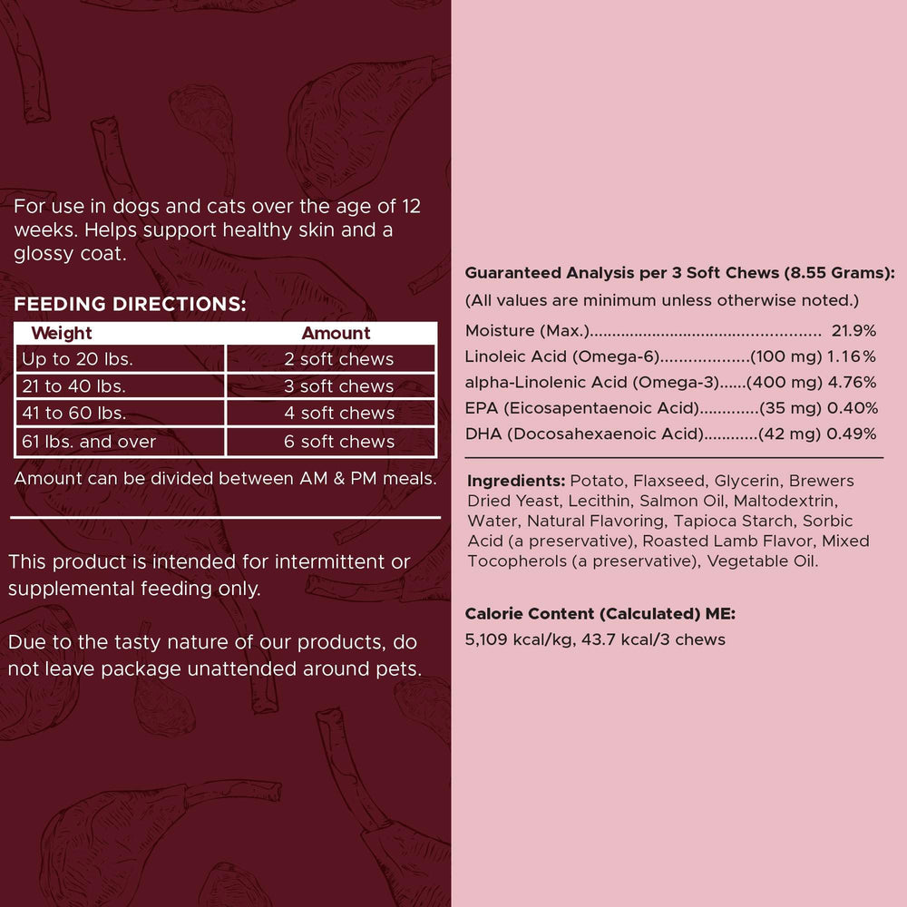 Chew + Heal Labs lamb-flavor chews tempt with omega benefits.