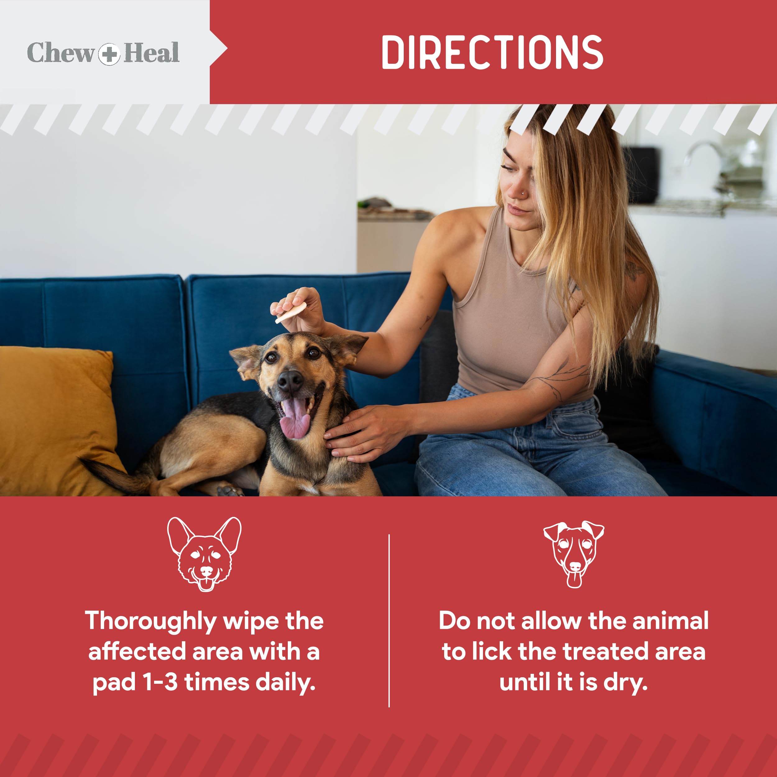 USA-made Chew + Heal Labs paw wipes packaging on bright counter.