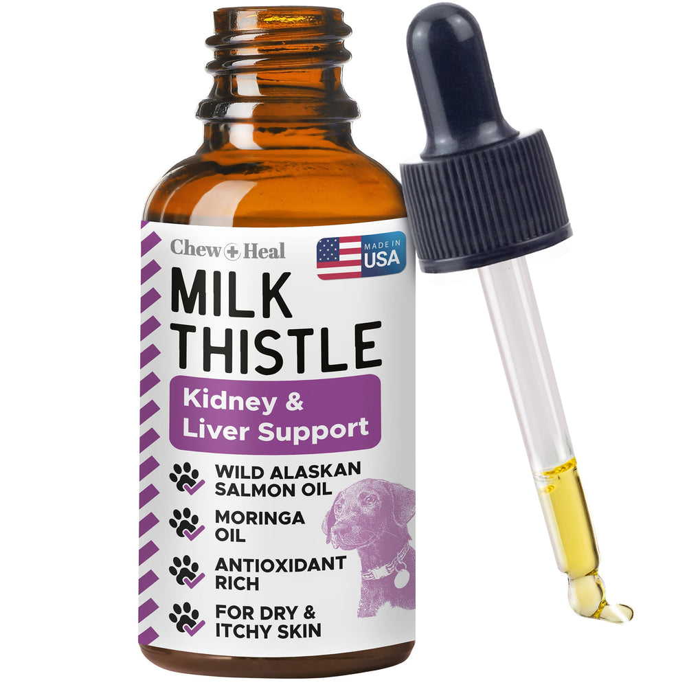 Chew + Heal Labs Milk Thistle bottle illustrating liver support for dogs.