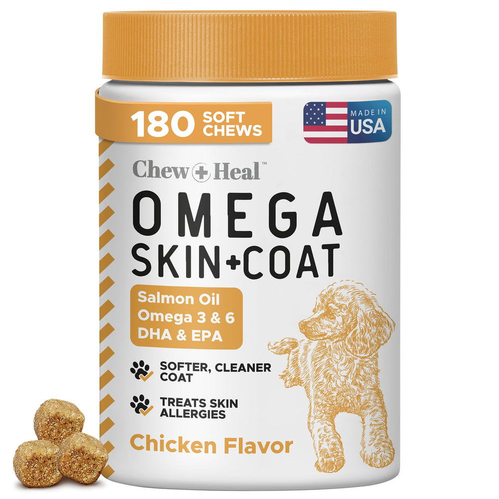 Chew Heal Labs Omega-3 dog soft chews bottle pour supports balanced coat health.