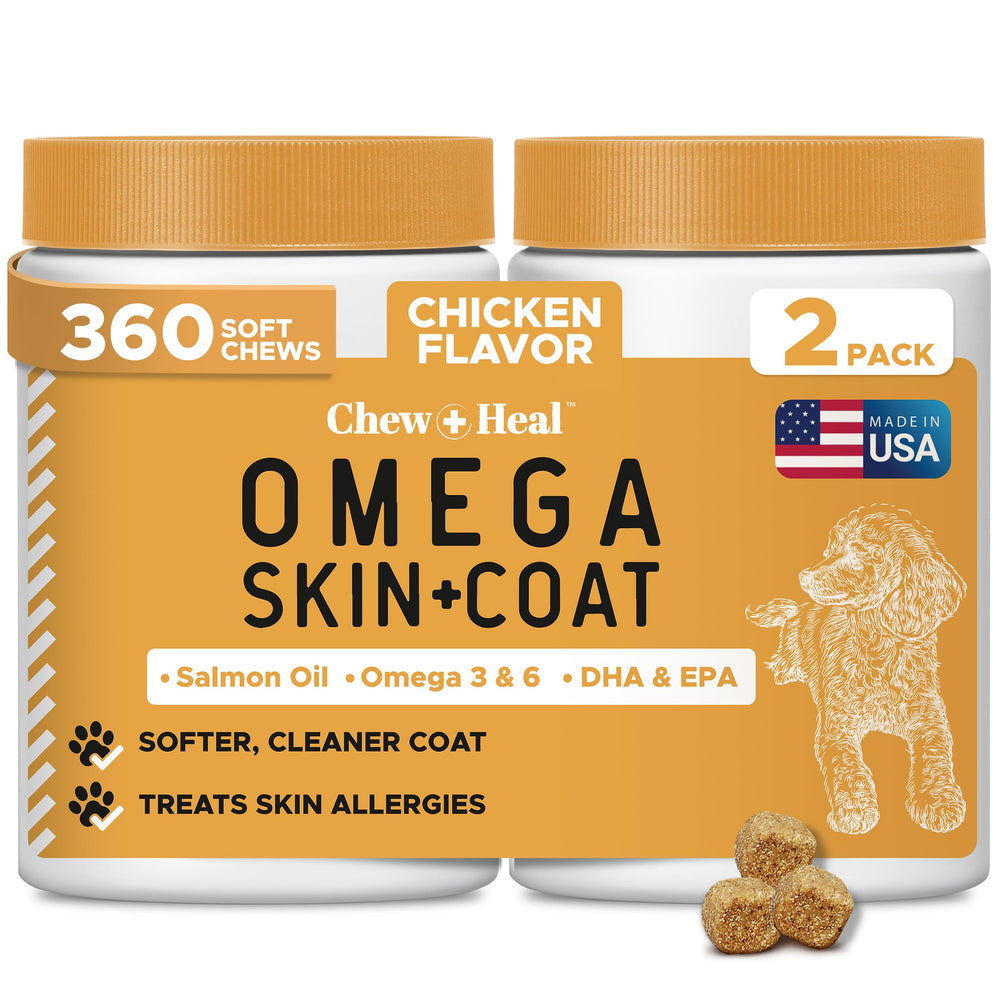 Chew + Heal Labs Omega dog treats bottle – convenient omega supplement for a healthier coat