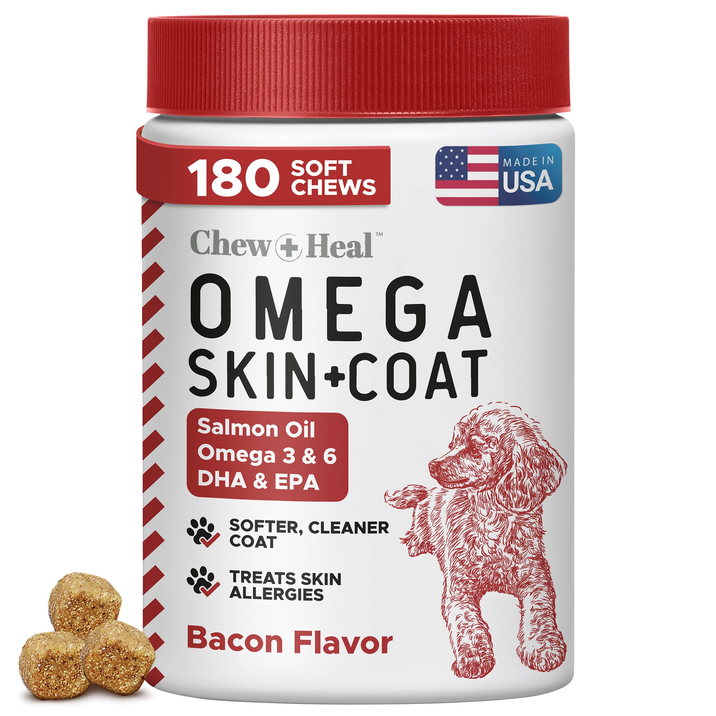 Chew + Heal Labs Omega for Dogs soft chews with smoked bacon flavor for daily use