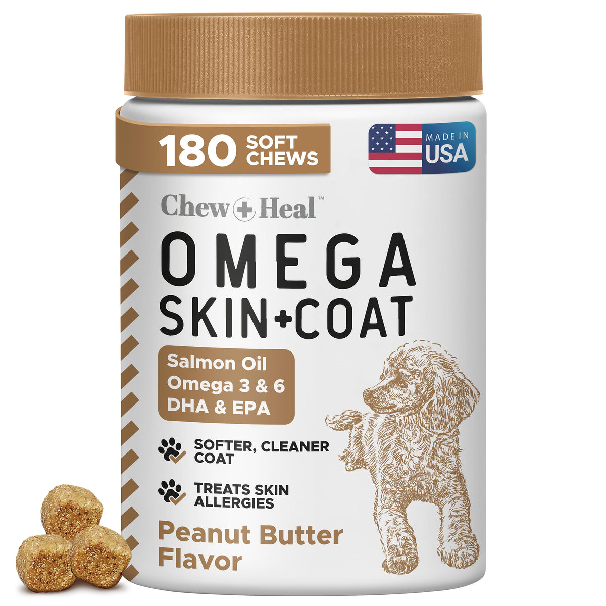 Chew + Heal Labs Omega3 bottle pour demonstrates easy dosing for dogs.