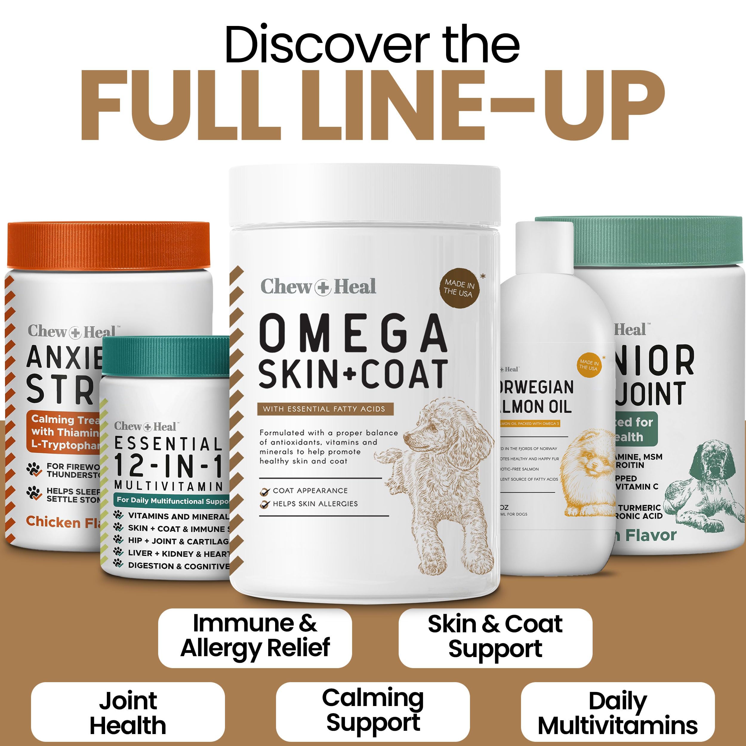 Dog dosage guidance and size-based servings for Chew + Heal Labs Omega3.