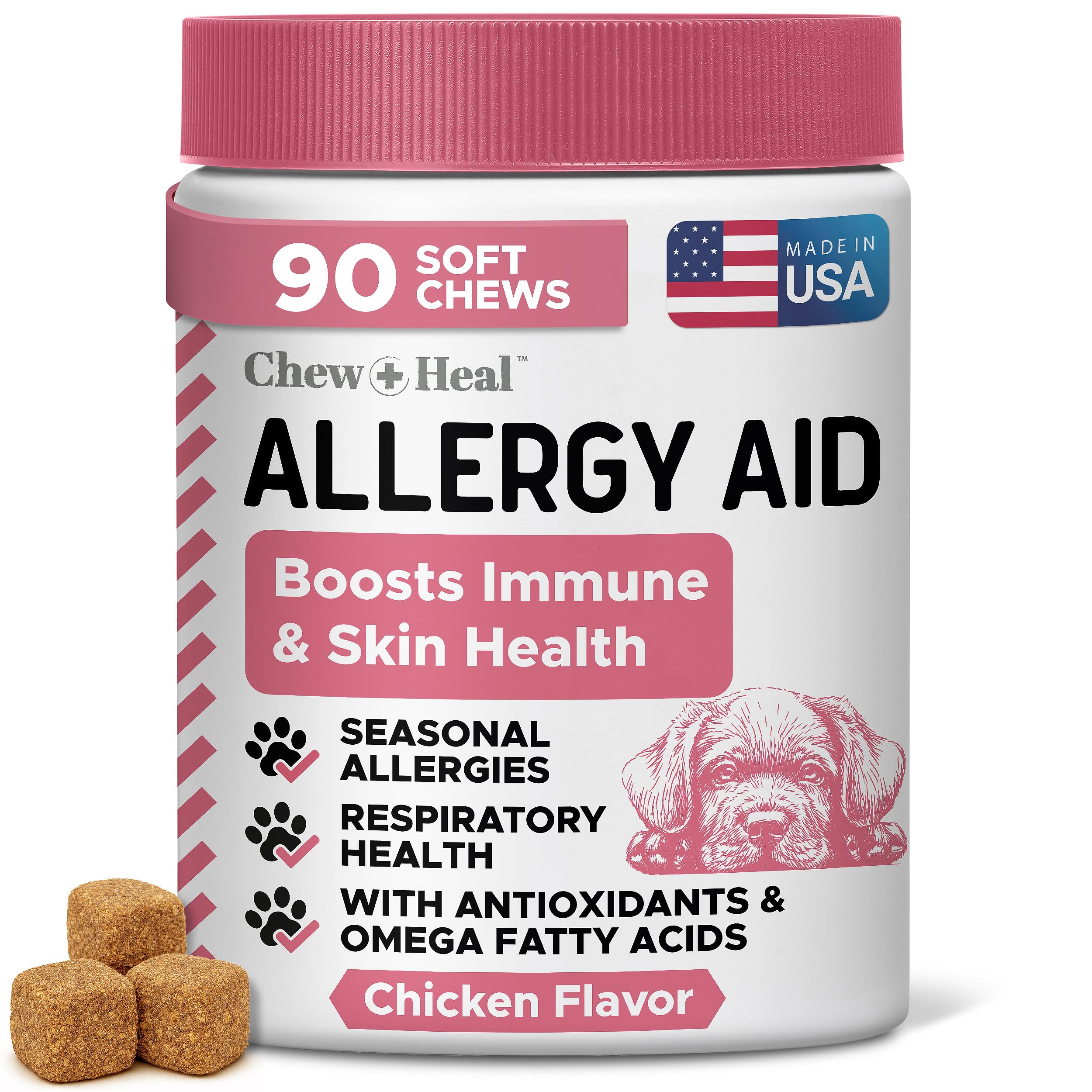 Chew + Heal Labs packaging shows dog allergy chews for skin and immunity support