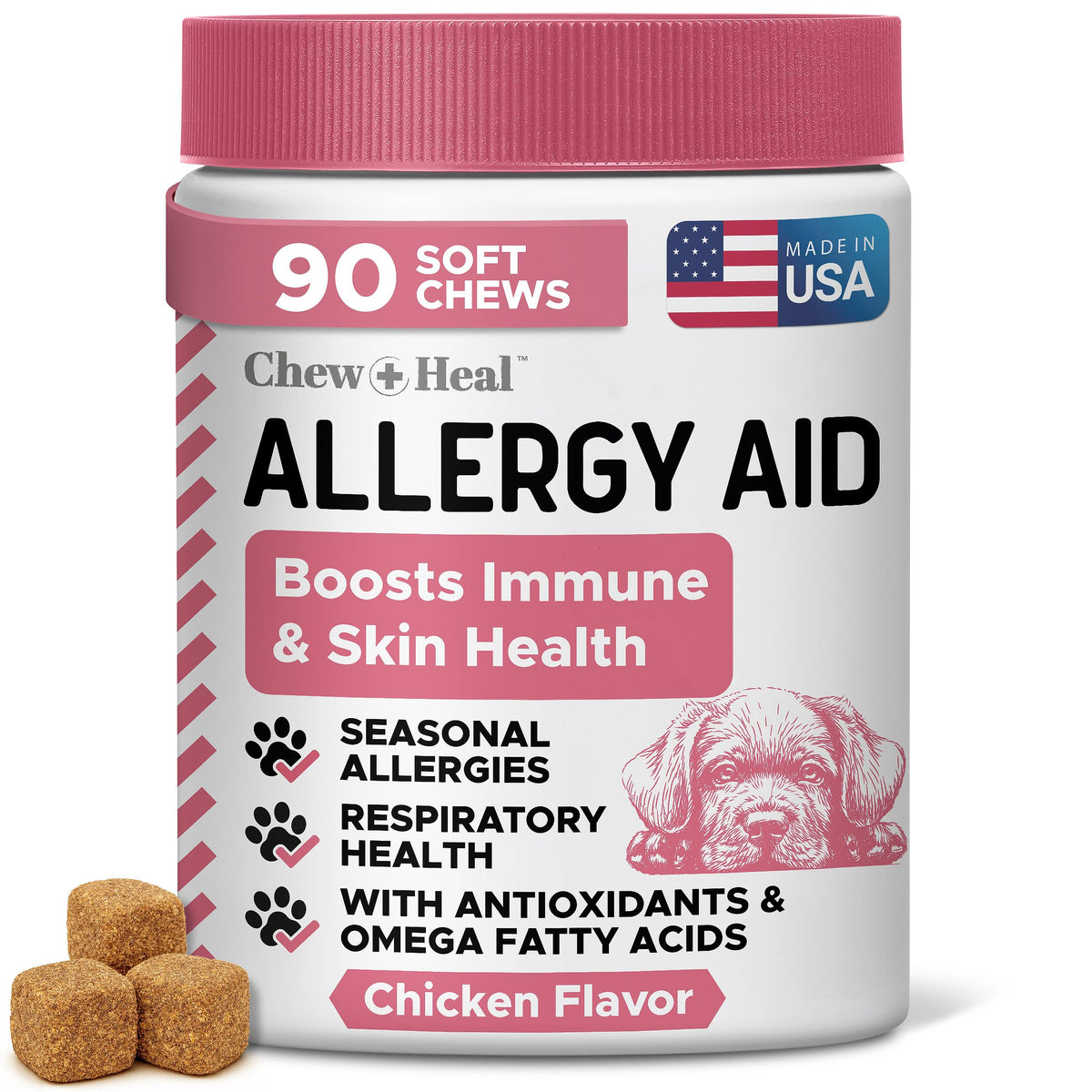 Chew + Heal Labs packaging shows dog allergy chews for skin and immunity support