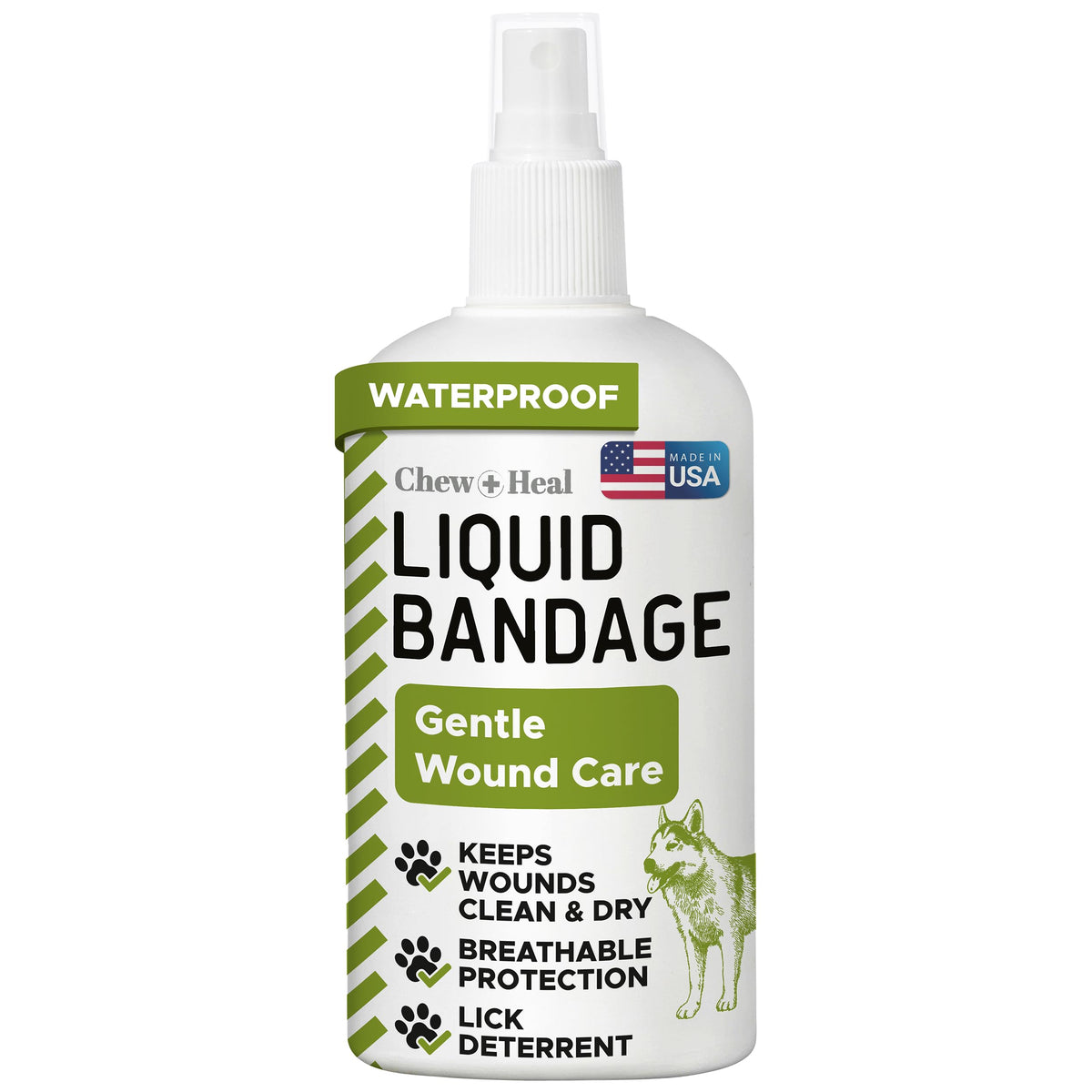 Chew + Heal Labs pet liquid bandage spray on dog wound for protection and quick drying.