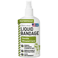 Chew + Heal Labs pet liquid bandage spray on dog wound for protection and quick drying.