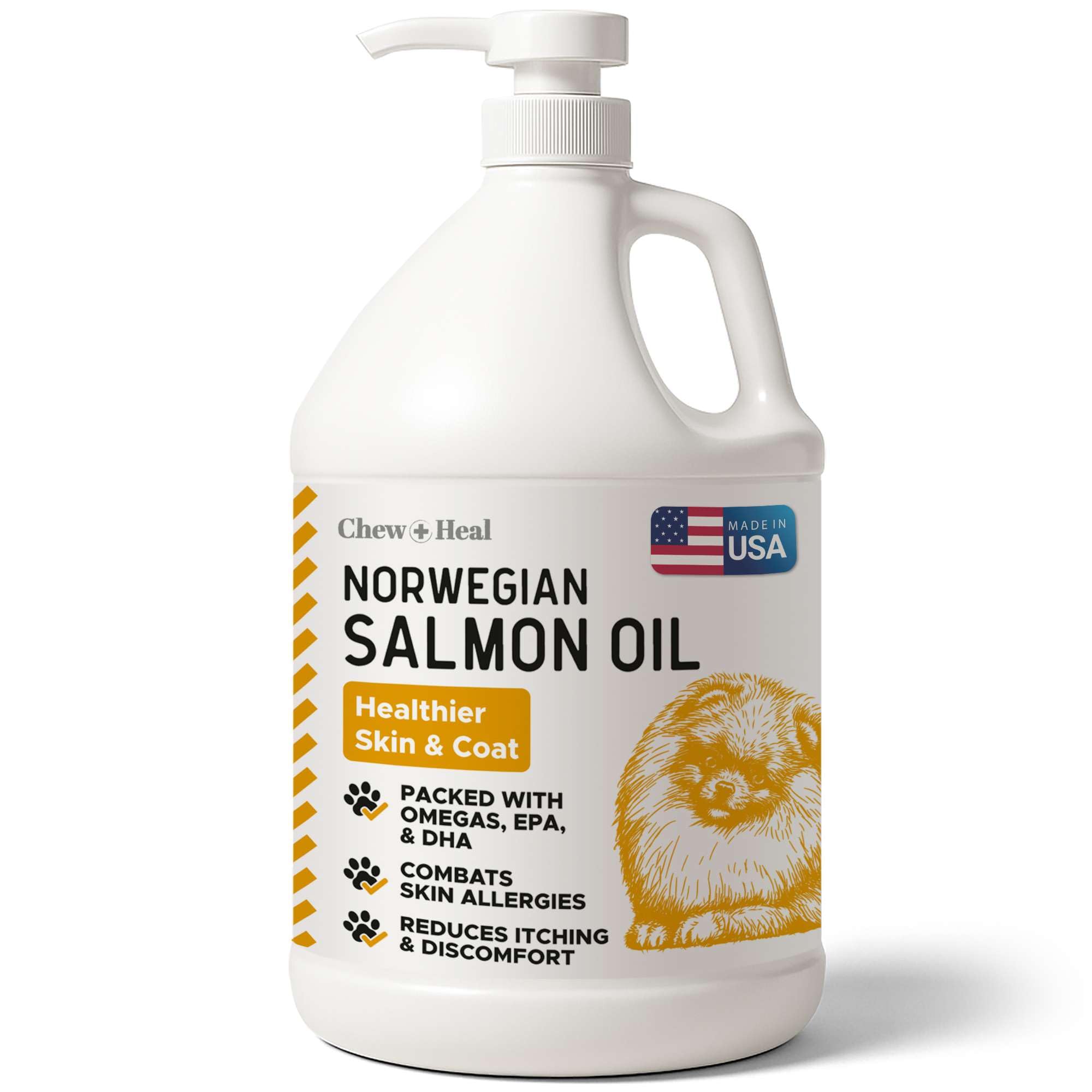 Chew + Heal Labs salmon oil bottle pouring for dogs to support skin and coat