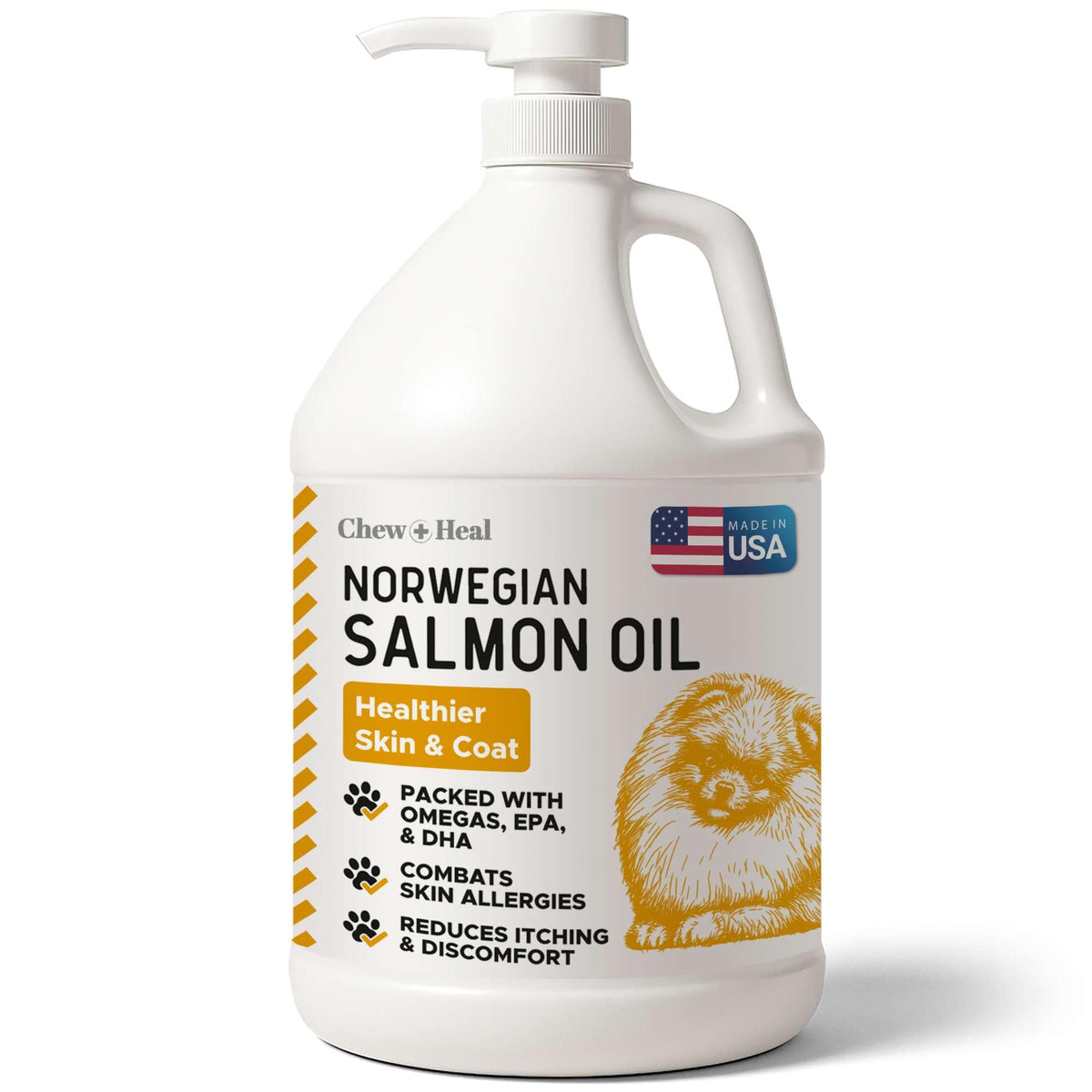 Chew + Heal Labs salmon oil bottle pouring for dogs to support skin and coat