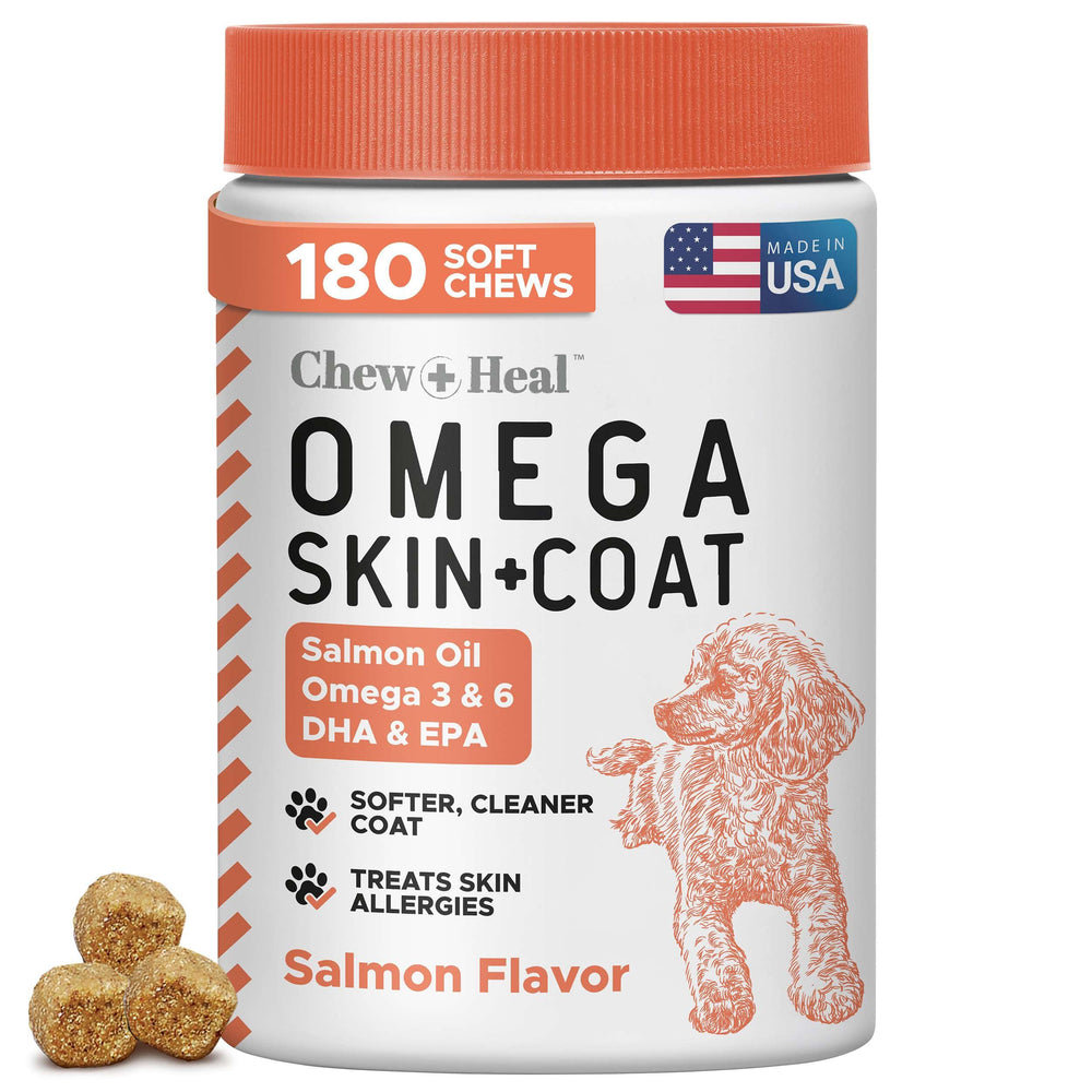 Chew + Heal Labs salmon oil dog chews pack supports healthy skin and coat.
