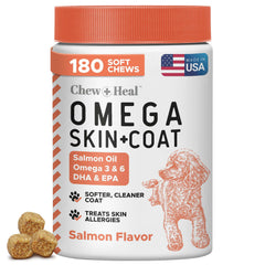 Chew + Heal Labs salmon oil dog chews pack supports healthy skin and coat.
