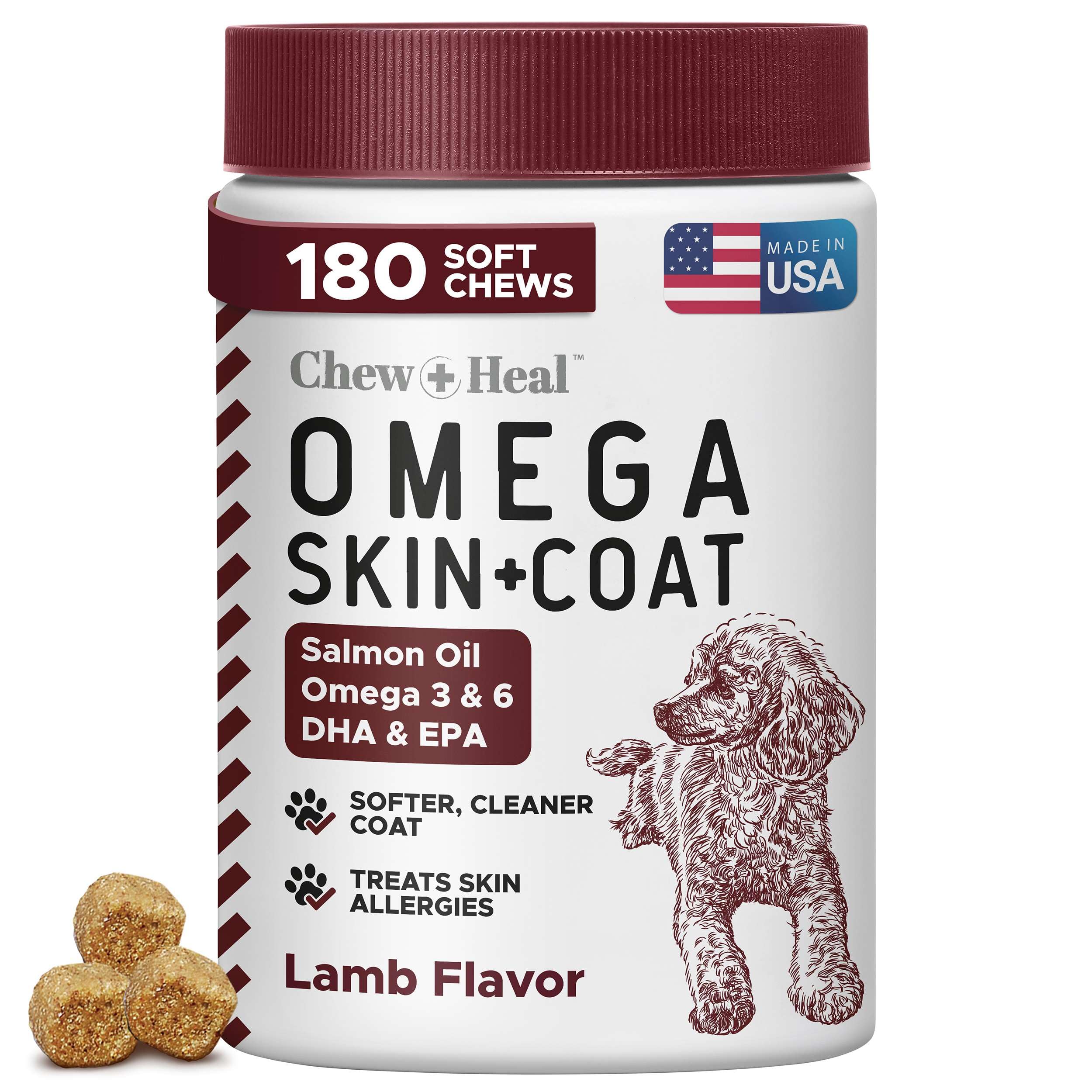 Chew + Heal Labs salmon oil bottle emphasizes coat-supporting soft chews.