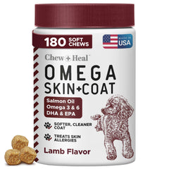 Chew + Heal Labs salmon oil bottle emphasizes coat-supporting soft chews.