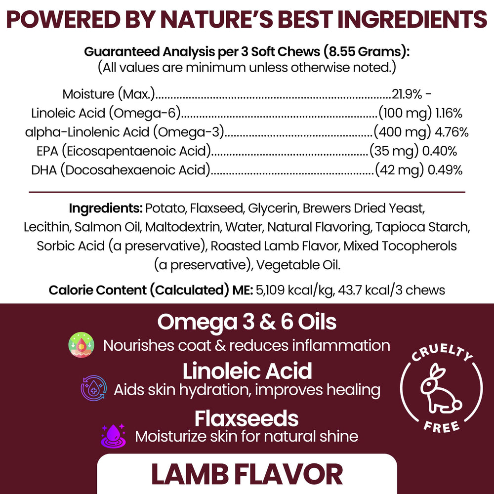 Chew + Heal Labs salmon oil closeup highlights glossy coat.