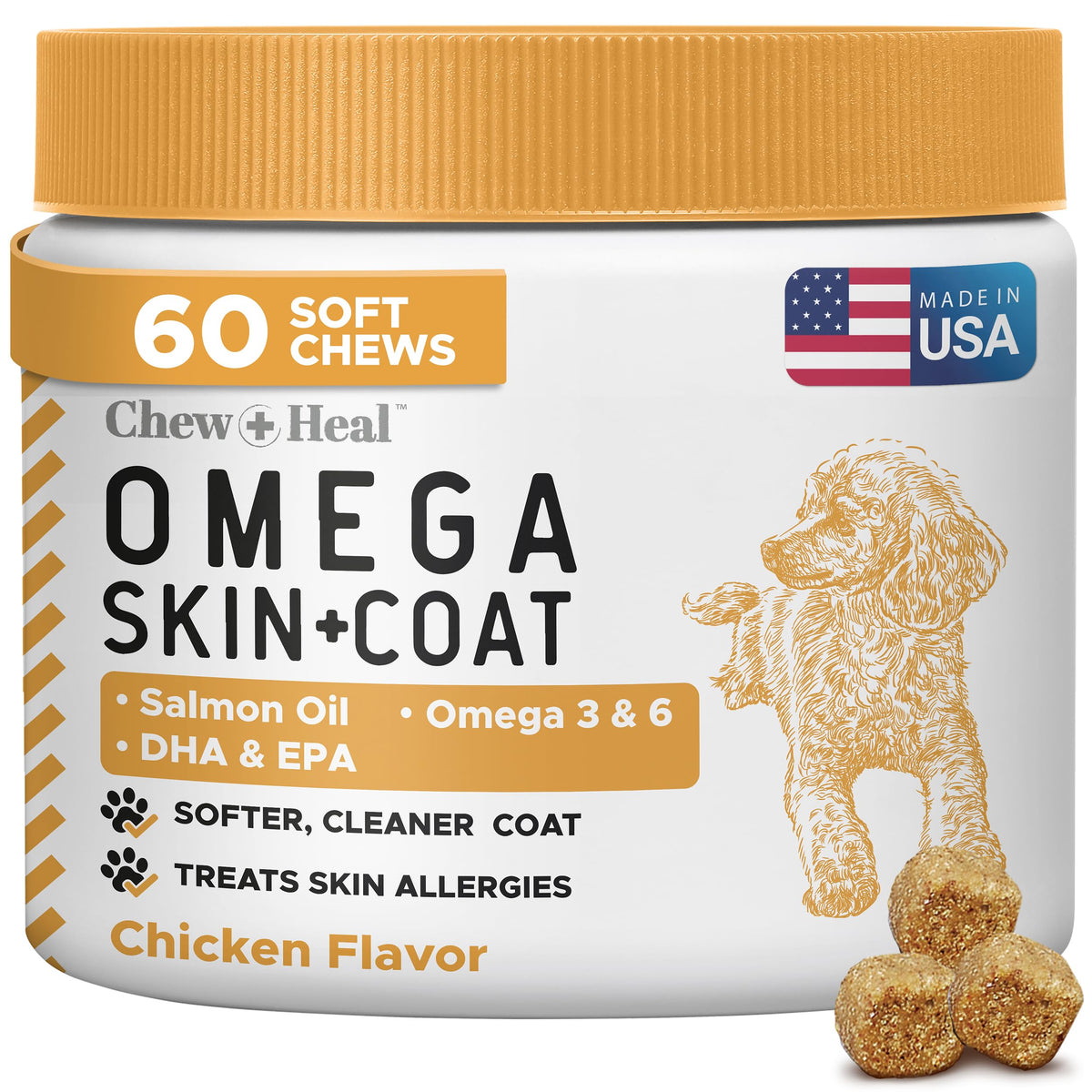 Chew + Heal Labs Salmon Oil for dogs in pack front supports omega nutrition.