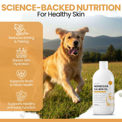 USA-made Norwegian salmon oil label highlighting omega-3 and vitamin E benefits for dogs