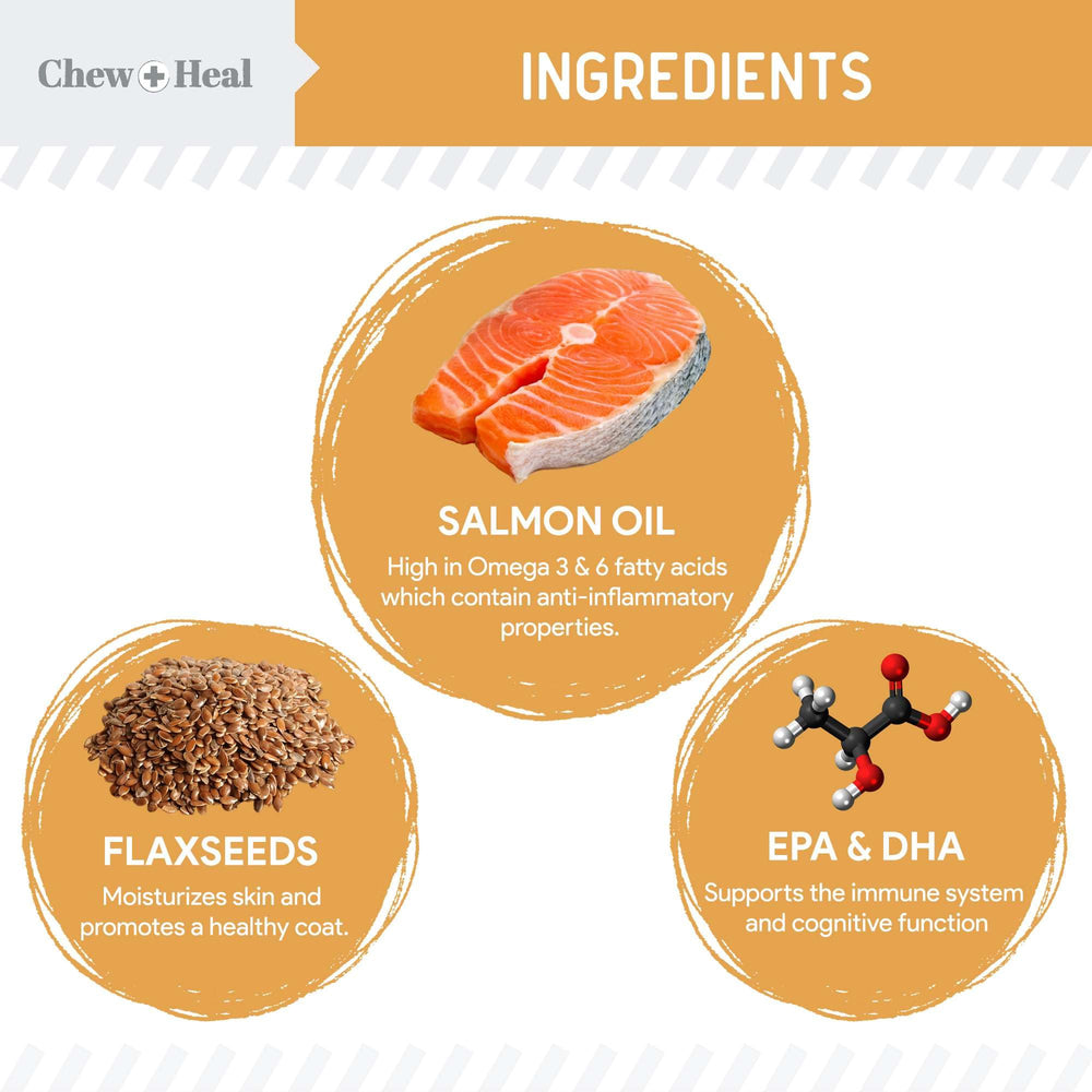 Chew + Heal Labs Salmon Oil soft chews close-up show glossy coat potential.