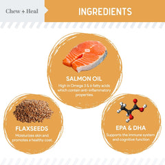 Chew + Heal Labs Salmon Oil soft chews close-up show glossy coat potential.