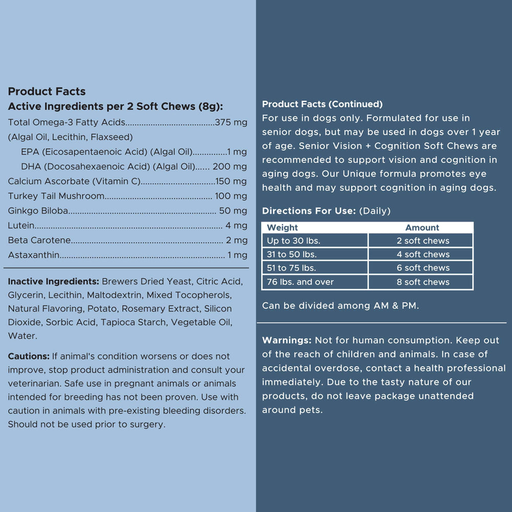Chew + Heal Labs Senior Dog Vision and Cognition Chews made in the USA.