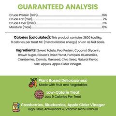 Chew and Heal Labs vegan dog treats ingredients closeup shows fruits and veggies.