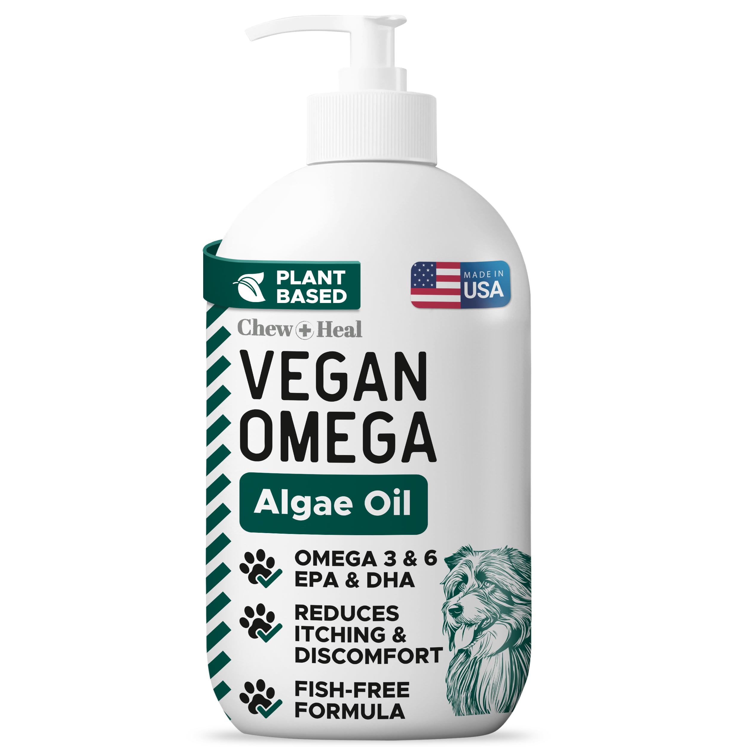 Chew + Heal Labs vegan omega-3 for dogs bottle front promoting a glossy coat.