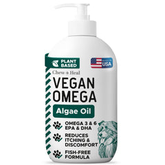 Chew + Heal Labs vegan omega-3 for dogs bottle front promoting a glossy coat.