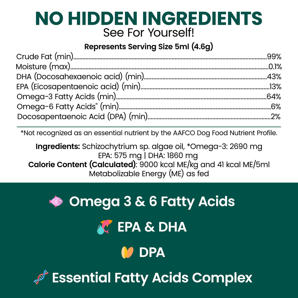 Chew + Heal Labs vegan omega-3 algae oil bottle label highlights EPA and DHA.