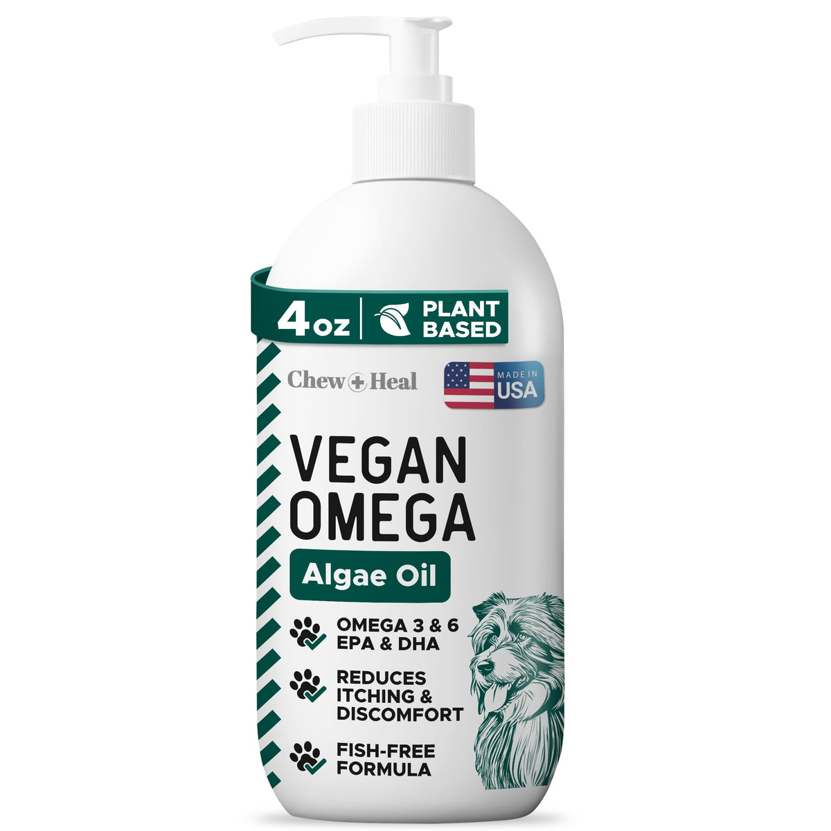 Chew + Heal Labs vegan omega-3 dogs bottle shows fish-free skin and coat support.