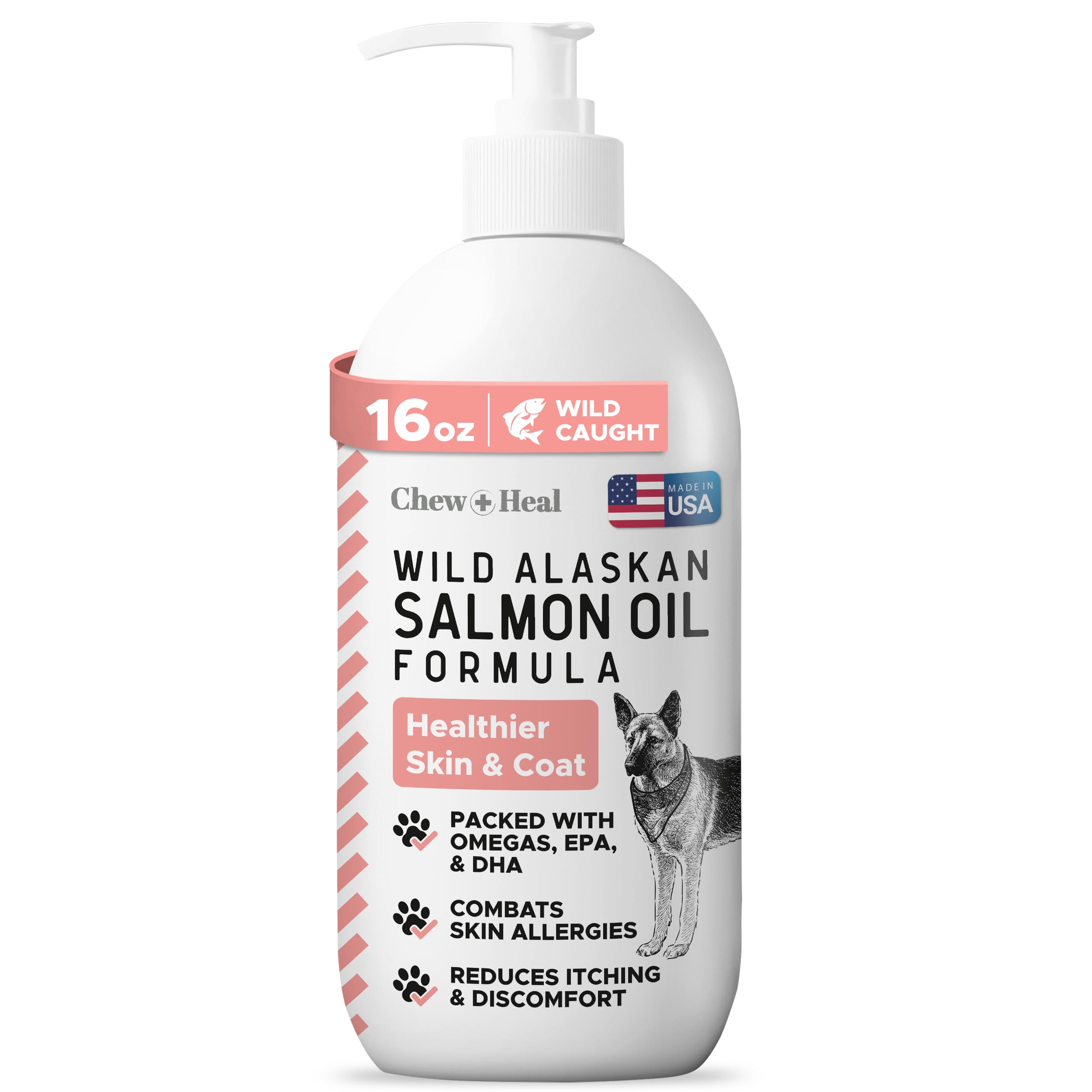 Chew + Heal Labs salmon oil bottle pump cap for easy daily dosing with dogs