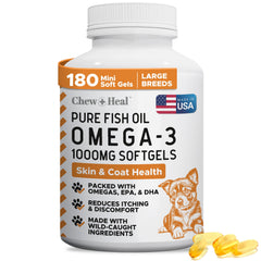 Chew + Heal Labs wild-caught omega-3 dog softgel bottle supports healthy skin and coat.