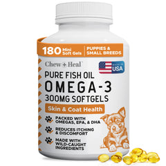 Chew + Heal Omega 3 for dogs bottle closeup showing product packaging and clarity for skin health