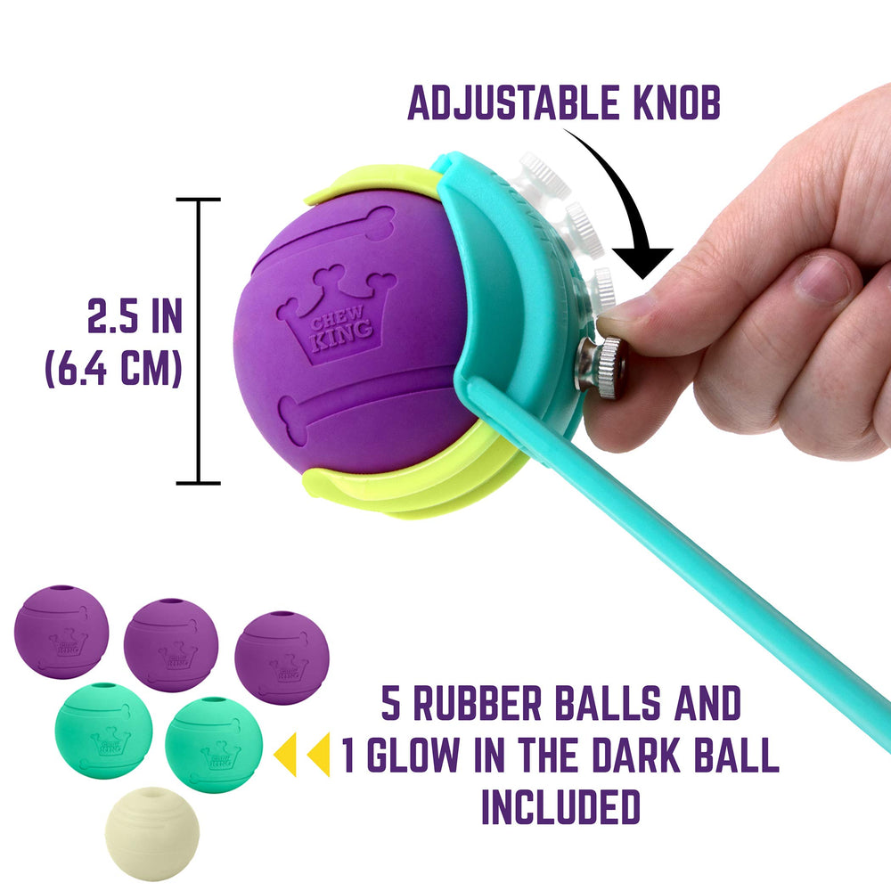 Chew King ball launcher with a 3-inch ball for longer outdoor throws