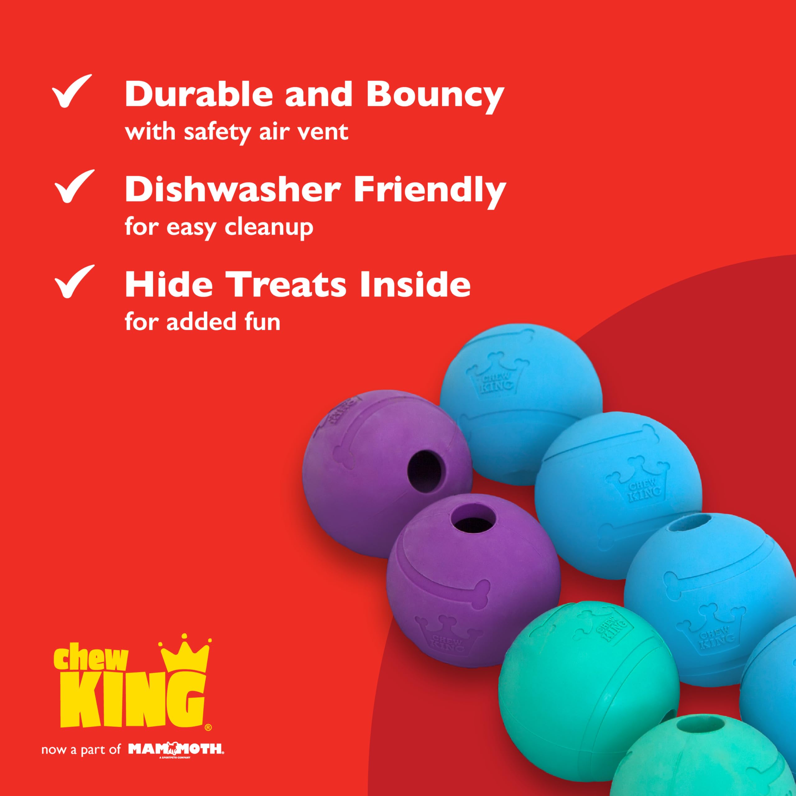 Chew King fetch ball in dog's mouth during play demonstrates chew resistance.