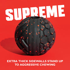 Chew King Supreme ball with safety vent for safer supervised chewing.