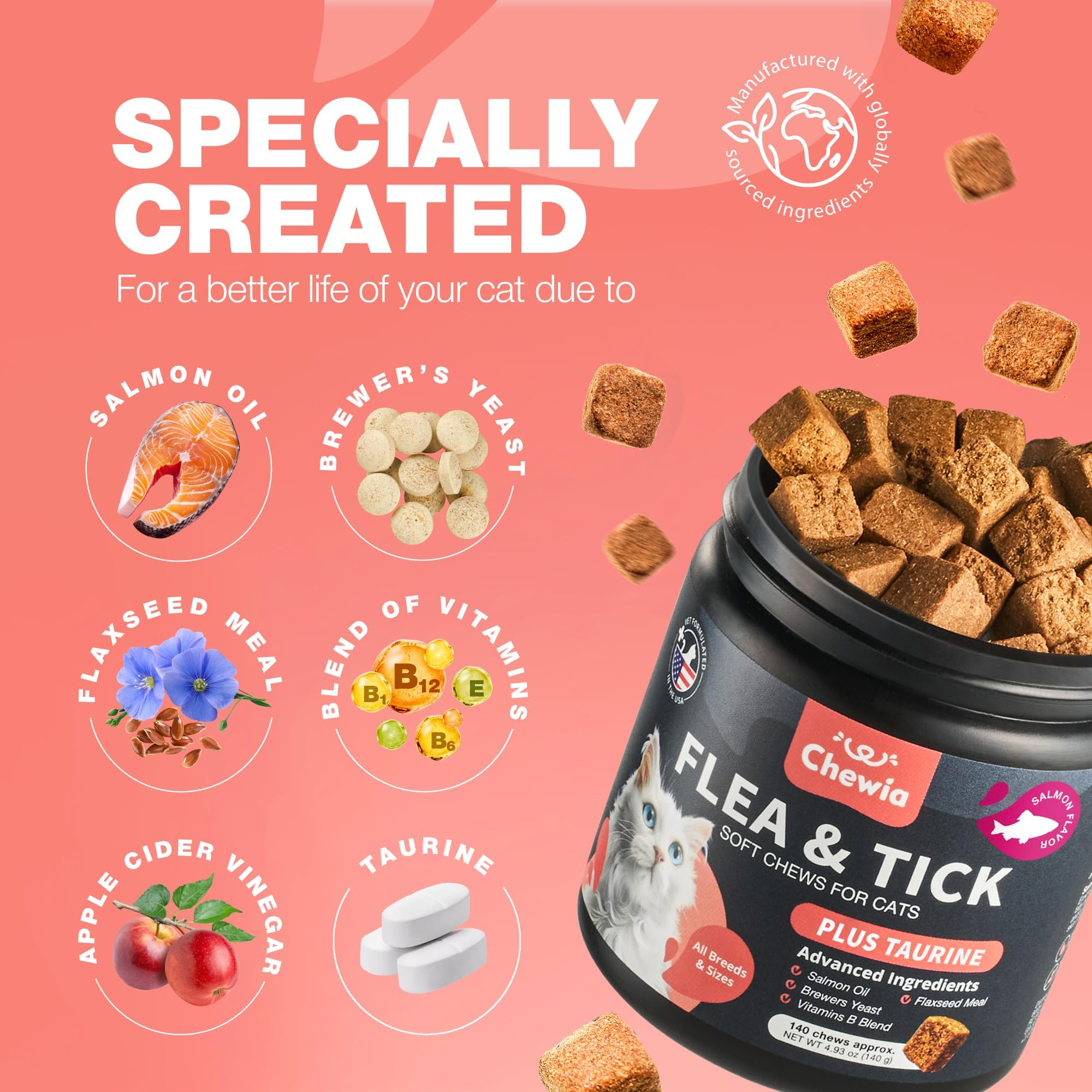CHEWIA cat treats on paw, convenient alternative to collars or sprays.