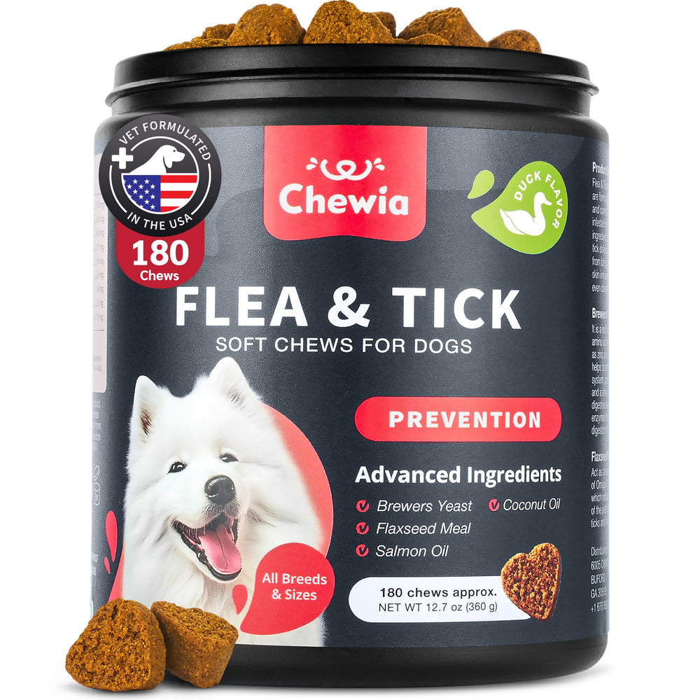 CHEWIA dog flea tick chews bottle promotes convenient year-round protection for dogs.