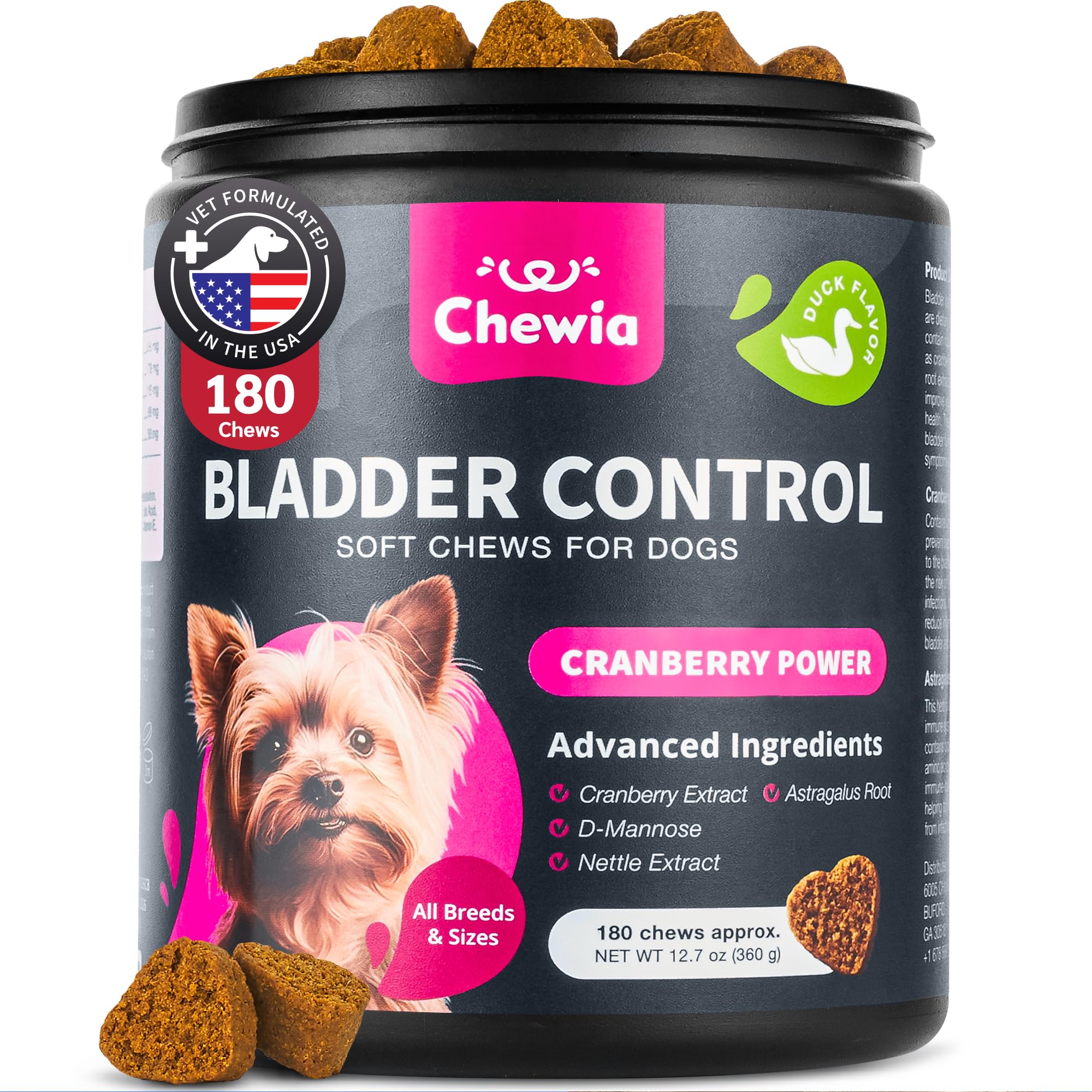 CHEWIA Dog UTI Chews packaging showcases cranberry-based urinary support.